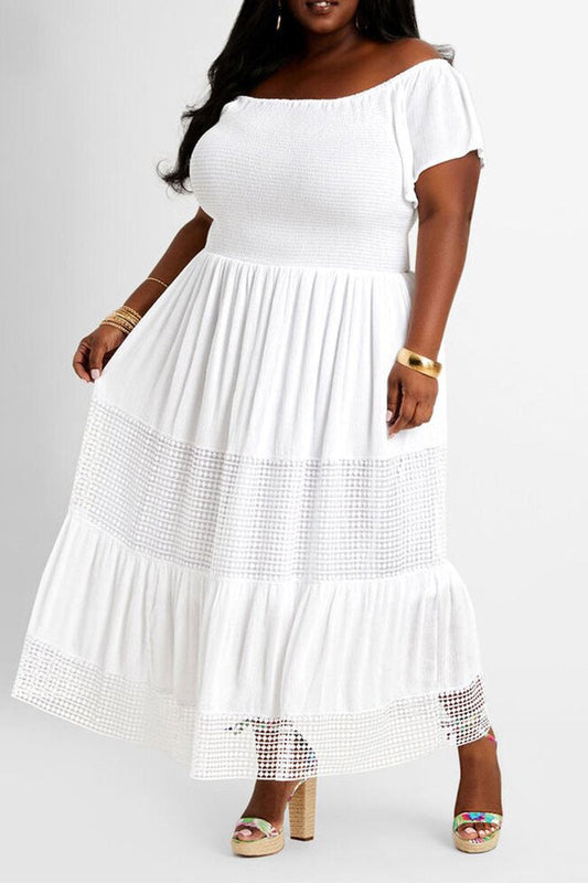 Pleated Plus Size Boat Neck Ruched Maxi Dress