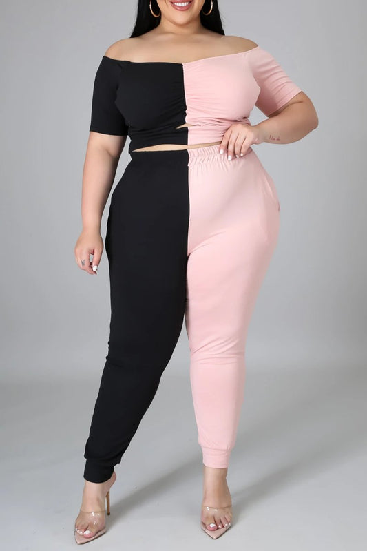 Plus Size Color Patchwork Cutout Two Piece Sets