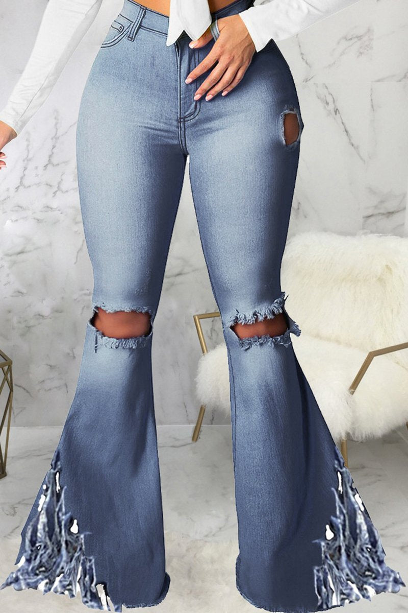 Plus Size Denim Hole Tassel Flared Jeans