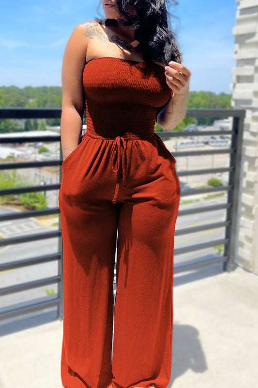 Pleated Off The Shoulder Drawstring Wiast Jumpsuit