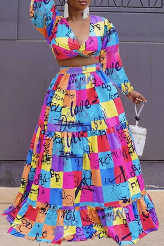 Plus Size Color Block Letter Print Two Piece Sets