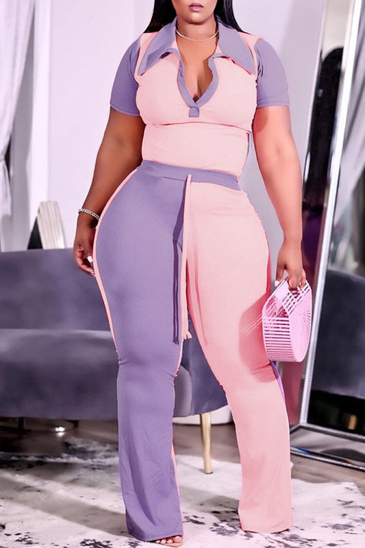 Plus Size Color Patchwork V-Neck Two Piece Sets