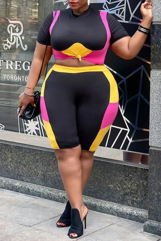 Plus Size Color Patchwork Sports Two Piece Sets