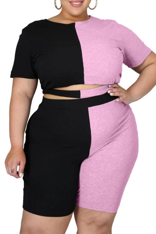 Plus Size Color Patchwork Cutout Two Piece Sets