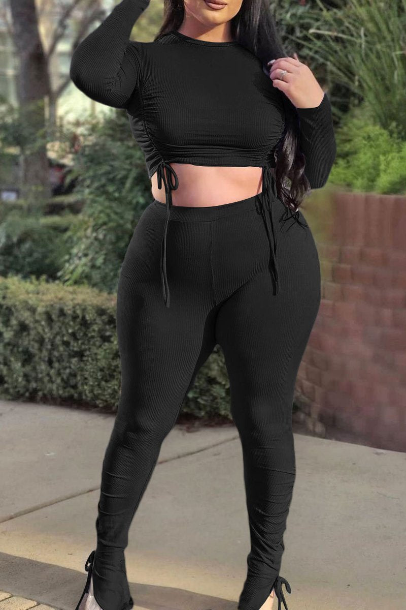 Plus Size Drawstring Long Sleeve Two Piece Sets