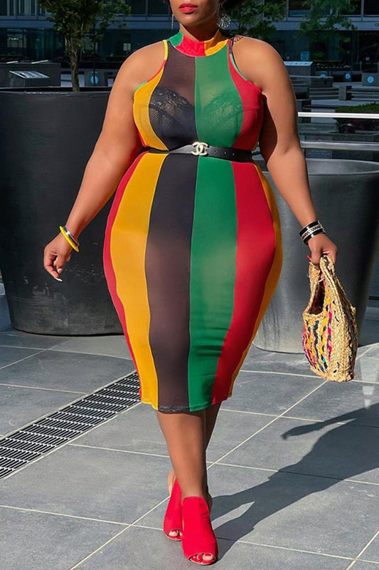 Plus Size Color Patchwork See Through Dress