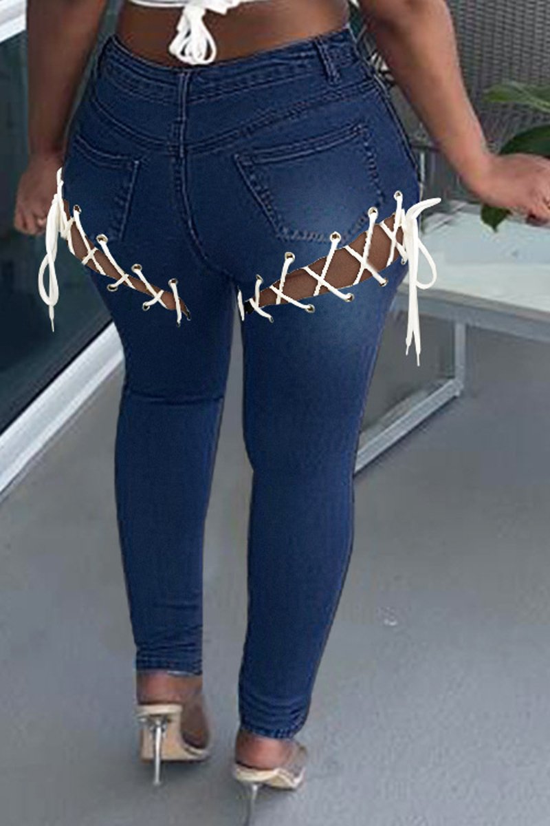 Plus Size Denim Back Bandage Mid Waist Jeans