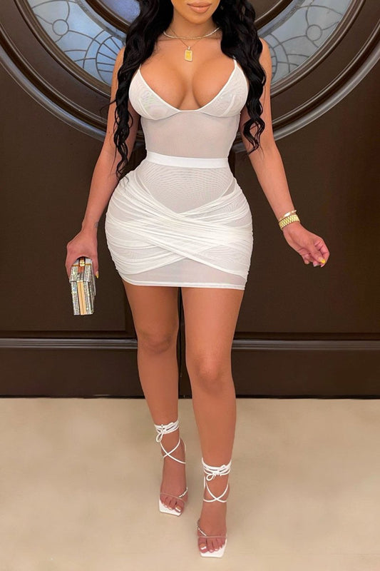 Plus Size Bandage Halter Neck See Through Mini Dress