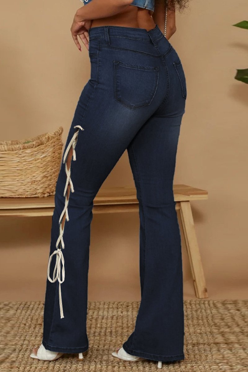Plus Size Denim Side Bandage High Waist Flared Jeans
