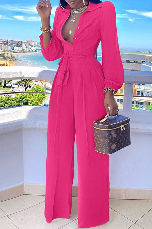 Plus Size Button Up Lapel Wide Leg Belted Jumpsuit