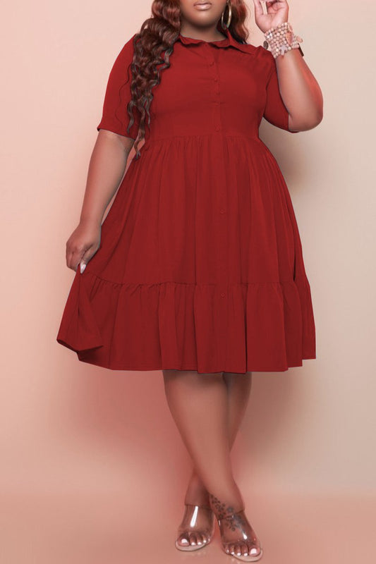 Plus Size Button Up Short Sleeve Ruced Dress