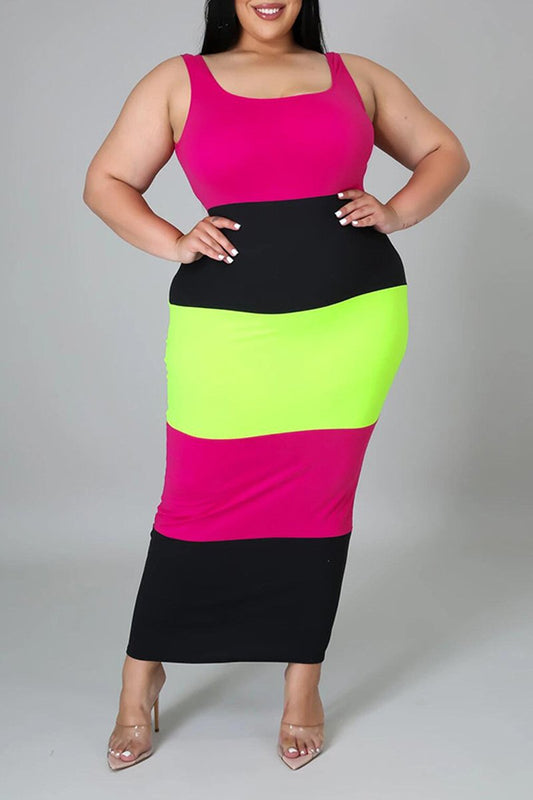 Plus Size Color Block Square Collar Maxi Dress