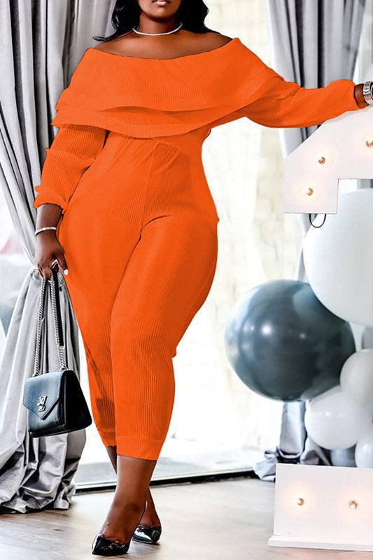 Plus Size Boat Neck Ruffle Long Sleeve Jumpsuit