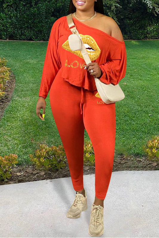 Plus Size Batwing Sleeve Lip Two Piece Sets