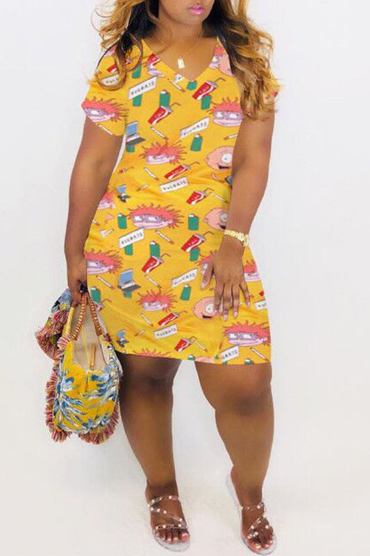 Plus Size Cartoon Print V-Neck Dress