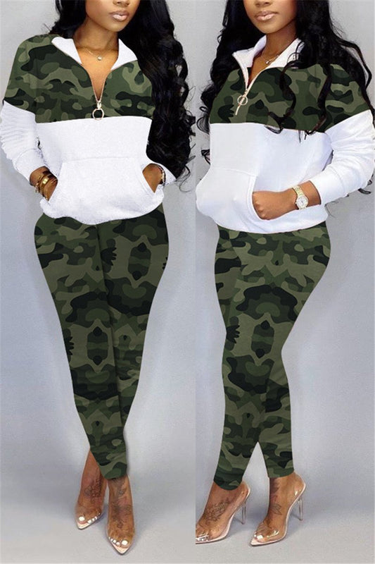 Plus Size Camouflage Patchwork Pocket Two Piece Sets