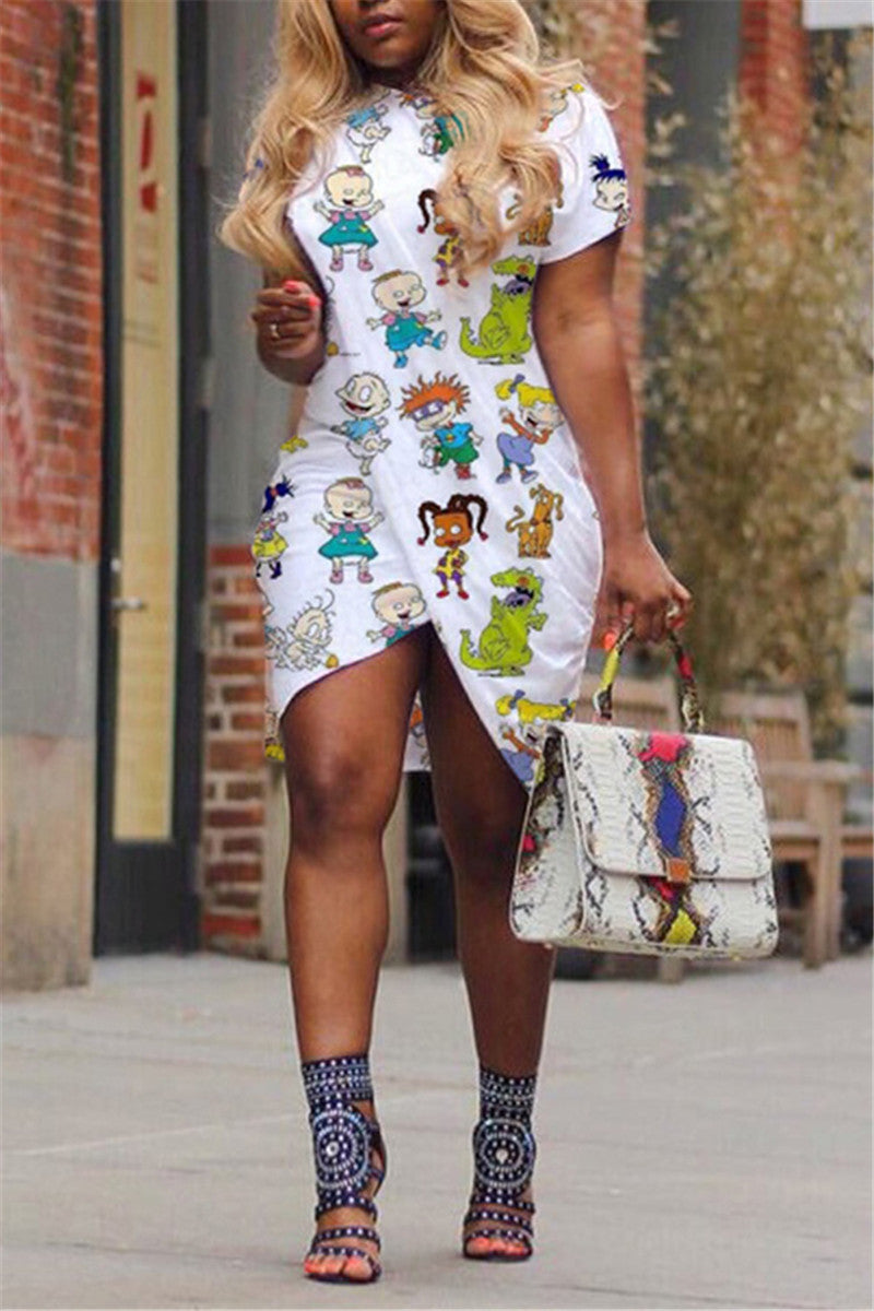 Plus Size Cartoon Print Asymmetric Dress