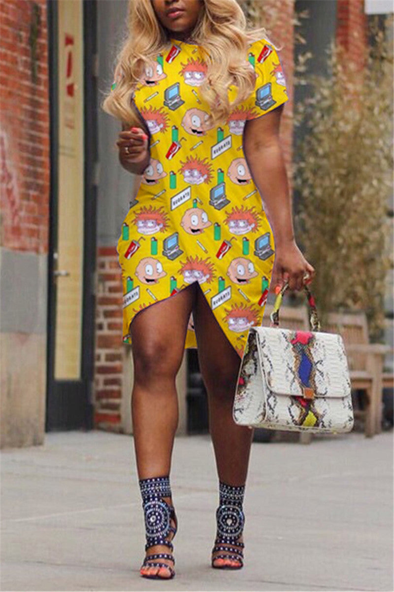 Plus Size Cartoon Print Asymmetric Dress