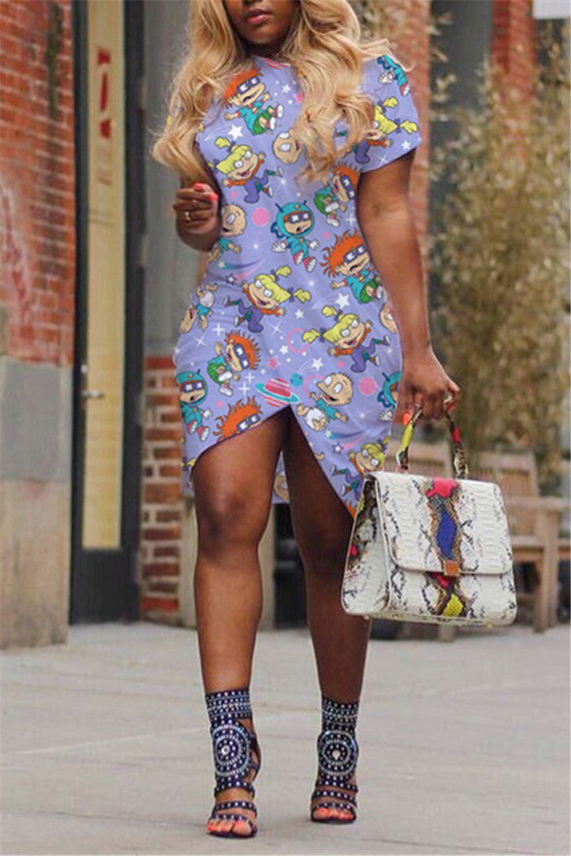 Plus Size Cartoon Print Asymmetric Dress