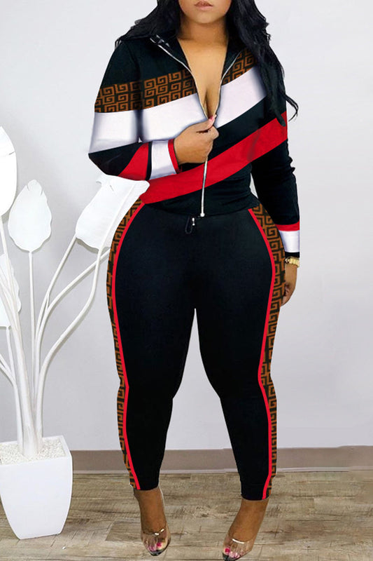 Plus Size Color Block Zipper Two Piece Sets