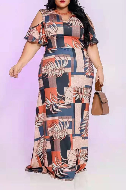 Plus Size Cold Shoulder Ruffled Sleeve Dress