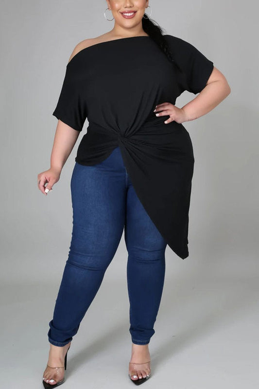 Plus Size Asymmetric Hem Skew Neck Top