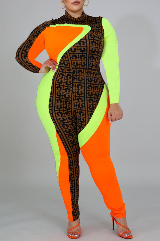 Plus Size Color Block Zipper Collar Jumpsuit