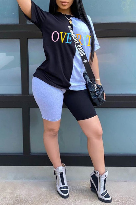 Plus Size Color Block Letter Print Top & Shorts