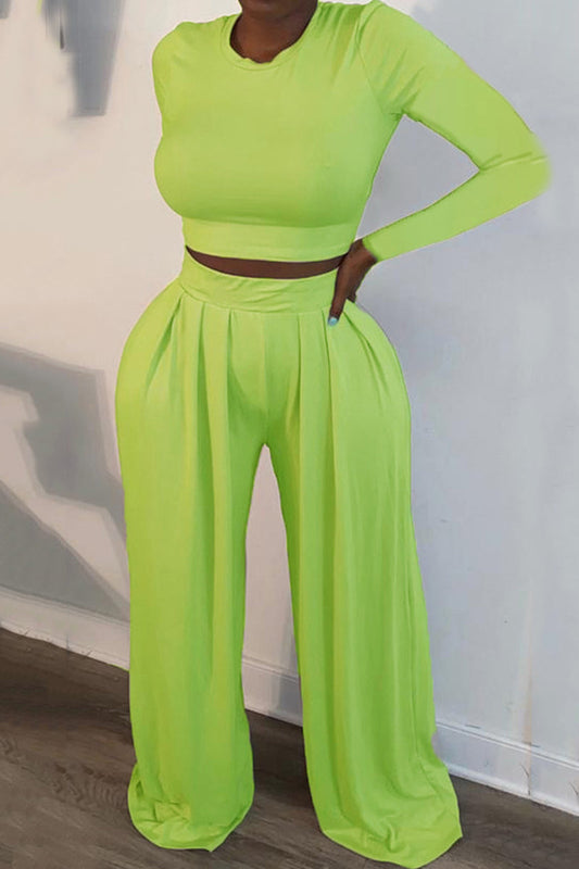 Pleated Solid Color Long Sleeve Top & Pants