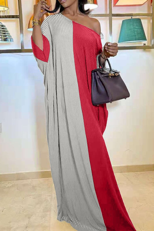 Plus Size Color Patchwork Skew Neck Maxi Dress