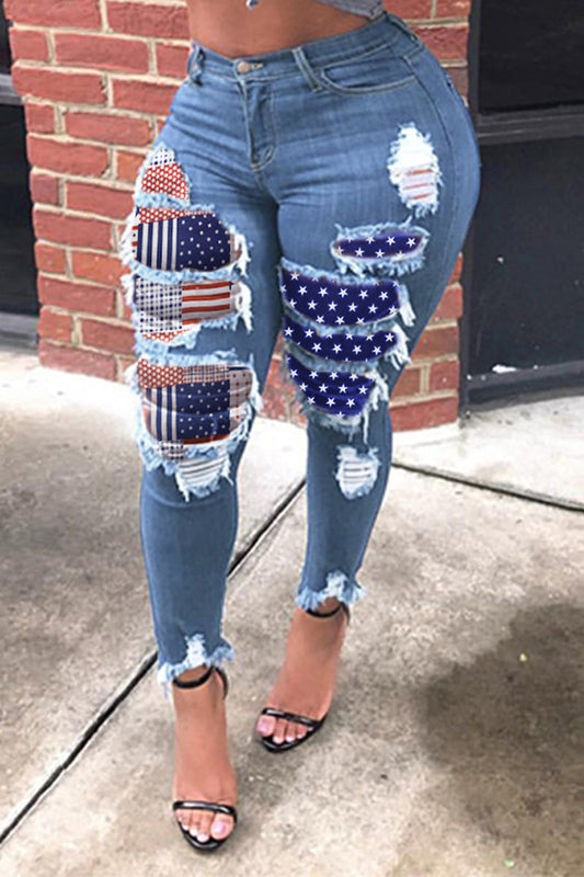 Plus Size American Flag Print Distressed Jeans