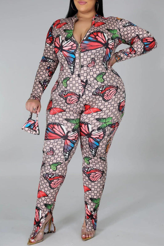 Plus Size Butterfly Print Zipper Jumpsuit