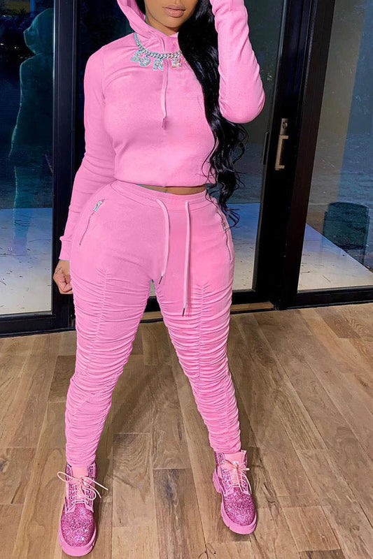 Pleated Solid Color Hooded Collar Two Piece Sets