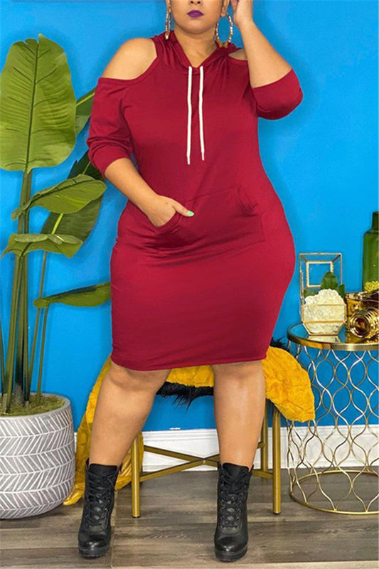 Plus Size Cold Shoulder Pocket Hooded Dress