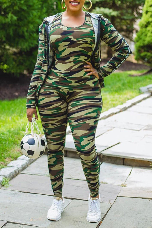 Plus Size Camouflage Print Hooded Three Piece Sets