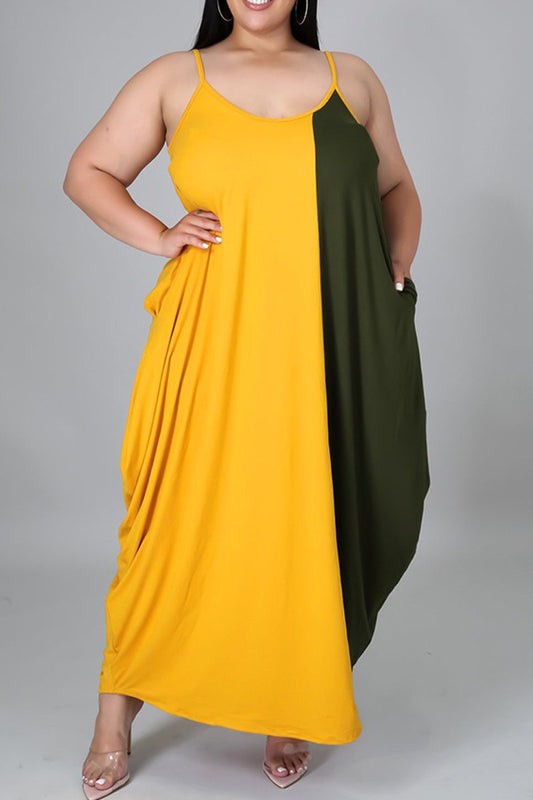 Plus Size Color Patchwork Halter Neck Maxi Dress