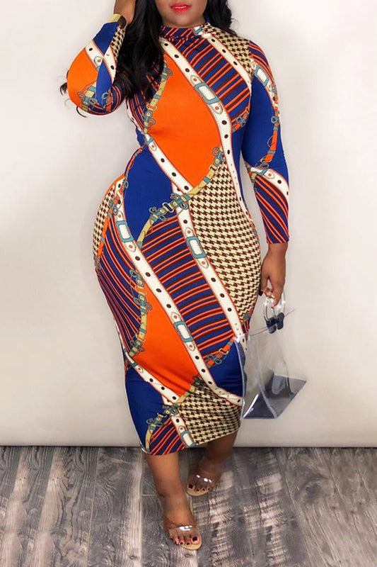 Plus Size Color Block Printed Midi Dress