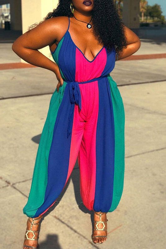 Plus Size Color Block Belted Lantern Jumpsuit