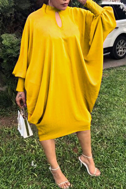 Plus Size Batwing Sleeve Solid Color Midi Dress