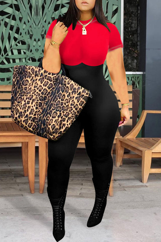 Plus Size Color Block Short Sleeve Jumpsuit