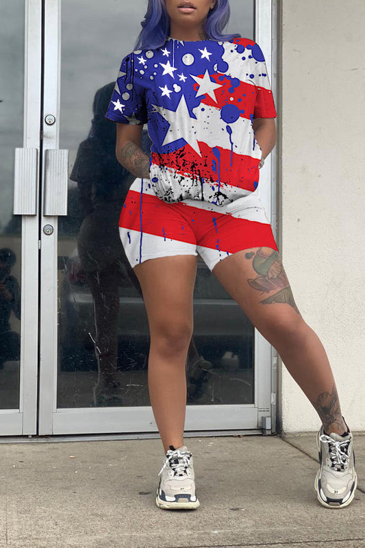 Plus Size American Flag Print Top & Shorts