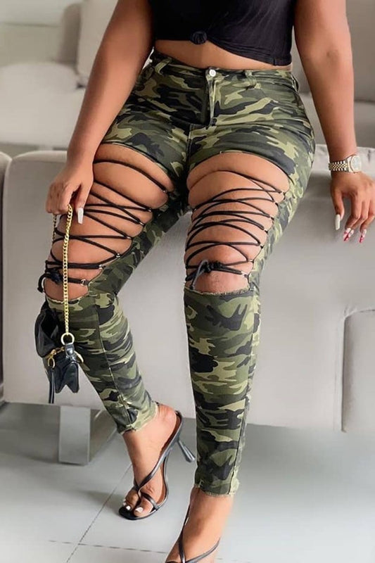 Plus Size Camouflage Bandage Pierced Pants