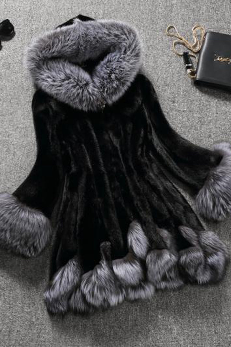 Plus Size Faux Fur Hooded Collar Coat