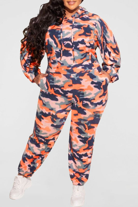 Plus Size Camouflage Hooded Pocket Two Piece Outfits