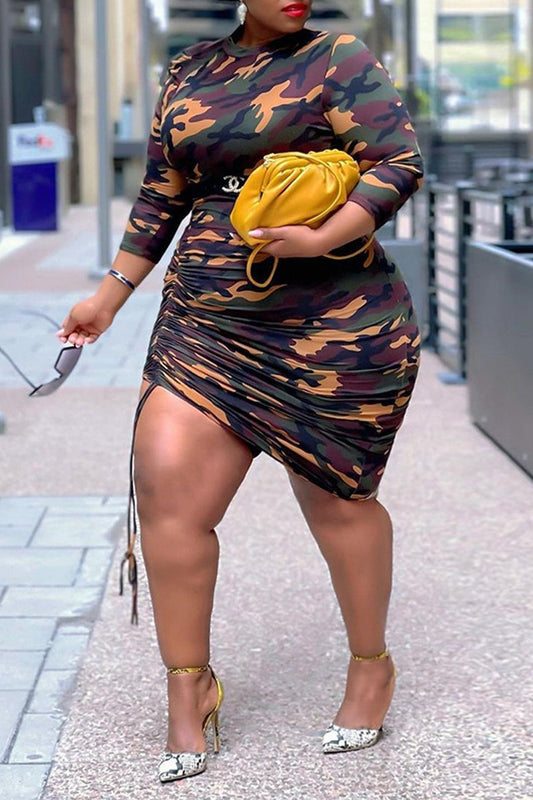 Plus Size Camouflage Print Dress Without Belt