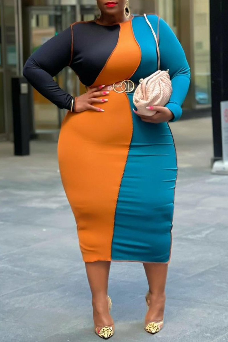 Plus Size Color Block Dress Without Belt