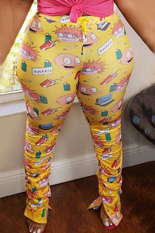 Plus Size Cartoon Print Casual Wrinkled Pants