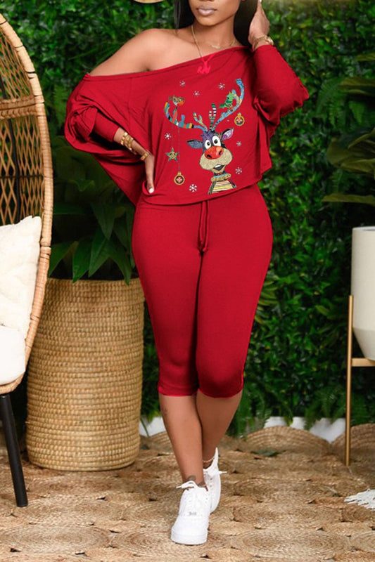 Plus Size Christmas Print Skew Neck Top & Pants