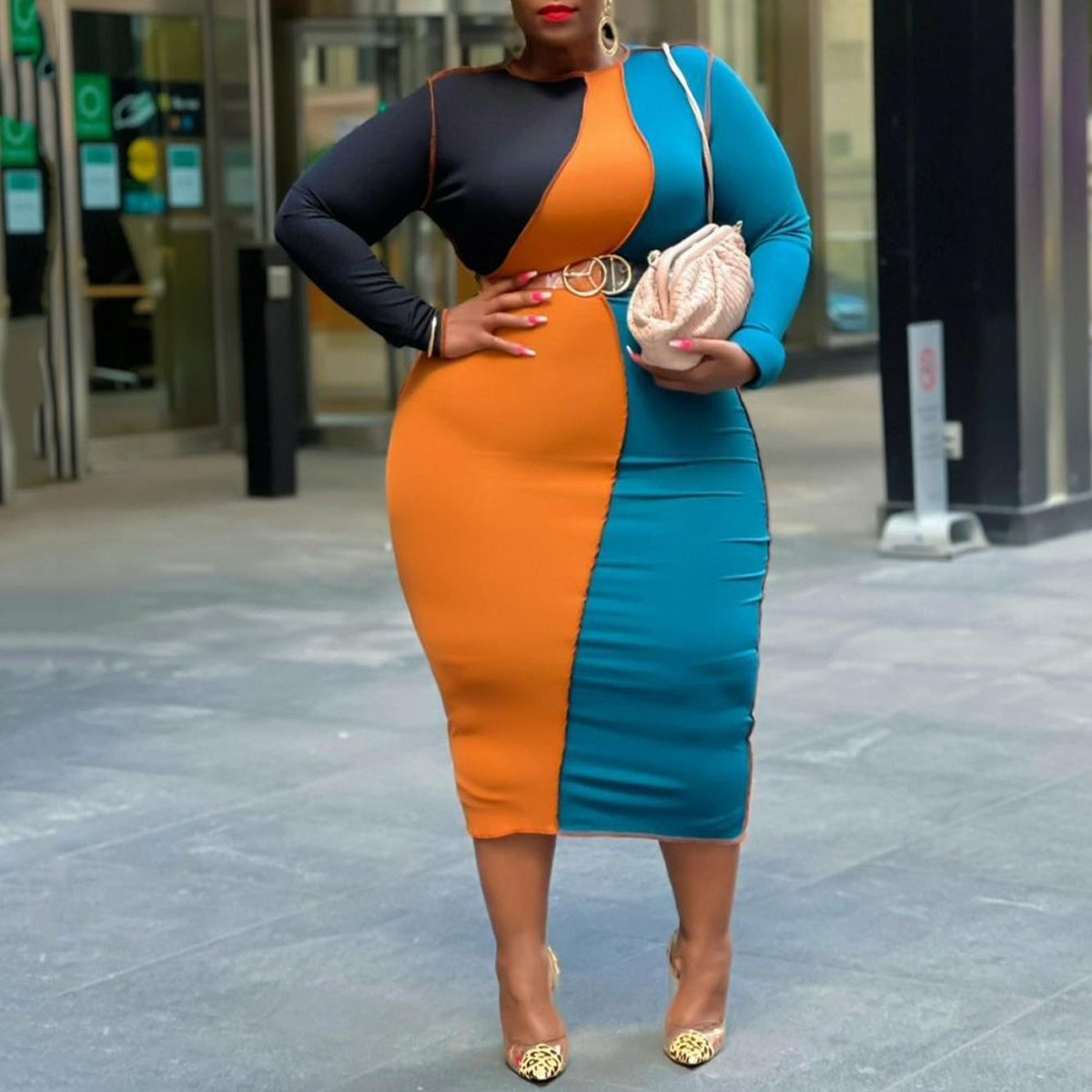 Plus Size Color Block Dress Without Belt