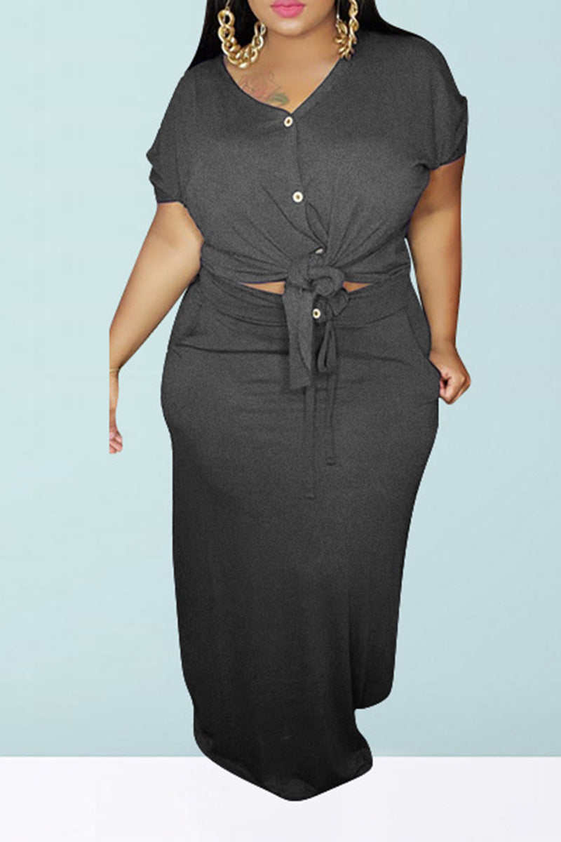 Plus Size Button Knotted Two Piece Dresses